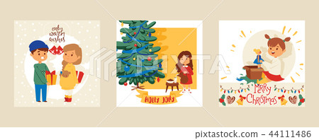 Christmas 2019 Happy New Year greeting card vector boy and girl friends celebrate together 44111486