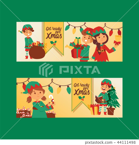 Santa Claus elf kids helpers vector illustration children celebrate Cristmas party. Santa helpers in 44111498