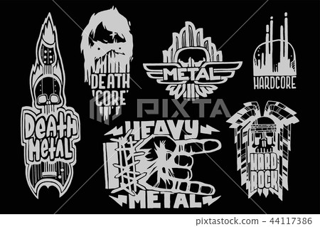 Heavy rock music badge vector vintage labels with punk skull symbols hard sound sticker print emblem Heavy rock music badge vector vintage labels with punk skull symbols hard sound sticker print emblem 44117386