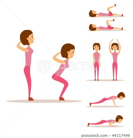 Young woman is exercising at home fitness character workout healthy living and diet concept vector Young woman is exercising at home fitness character workout healthy living and diet concept vector 44117499