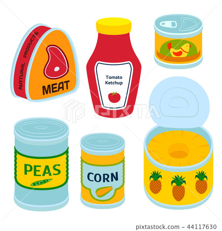 Collection of various tins canned goods food metal container product vector illustration. 44117630