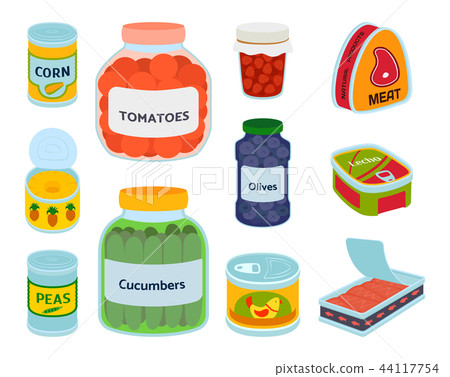 Collection of various tins canned goods food metal container product vector illustration. 44117754