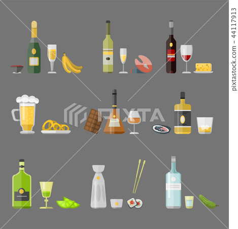 Alcohol drinks beverages cocktail appetizer bottle lager container drunk different snacks glasses 44117913