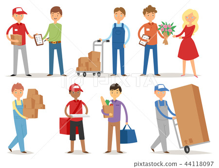 Delivery boy service workers couriers delivering man characters shop mailmen bringing packages 44118097