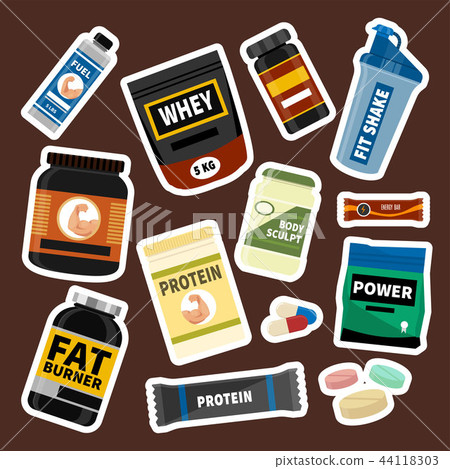 Bodybuilders gym athlete sport food diet symbols fitness nutrition protein powder drink vector Bodybuilders gym athlete sport food diet symbols fitness nutrition protein powder drink vector 44118303