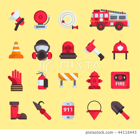 Firefighter elements vector fire department emergency icons and water safety car vehicle, mask, fire 44118443