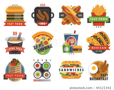 Fast food flat label logo emblem restaurant tasty badge delivery service vector illustration Fast food flat label logo emblem restaurant tasty badge delivery service vector illustration 44121342
