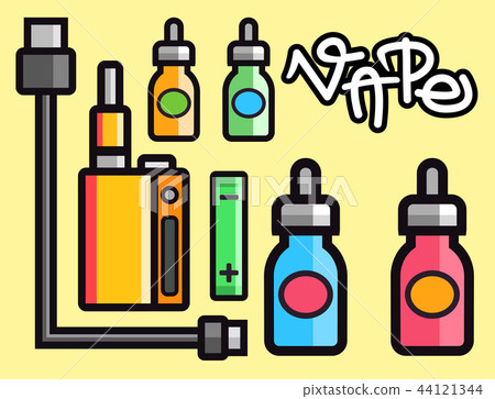 Vape device vector set cigarette vaporizer vapor juice bottle flavor illustration battery coil. 44121344