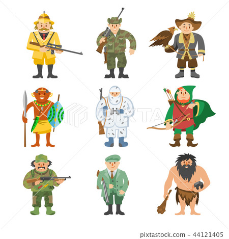 Different hunters cartoon style characters vector illustration 44121405