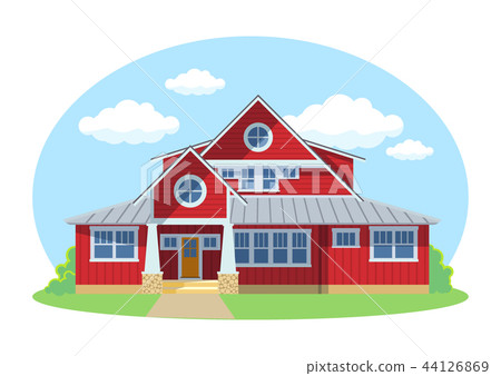 Red cartoon house exterior with blue clouded sky Front Home Architecture Concept Flat Design Style 44126869