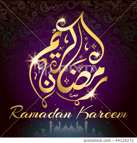 Arabic calligraphy design for Ramadan Kareem, isolated dark pink background, gold stamping style 44128272