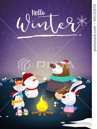 Hello winter with animal cartoon and night snow 44132978