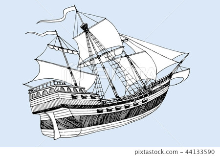 sea ship Caravel three masts with sails 44133590