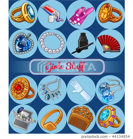 Set of accessories for young girl or bride. Sketch for holiday stickers, celebration card or party 44134834