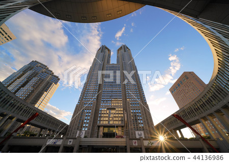 東京都市風景在日本東京都政府辦公室和陽光 44136986
