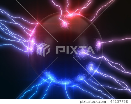 powerful lightning strikes on sphere and makes cracks on surface of sphere. dual color version, 3d powerful lightning strikes on sphere and makes cracks on surface of sphere. dual color version, 3d 44137738