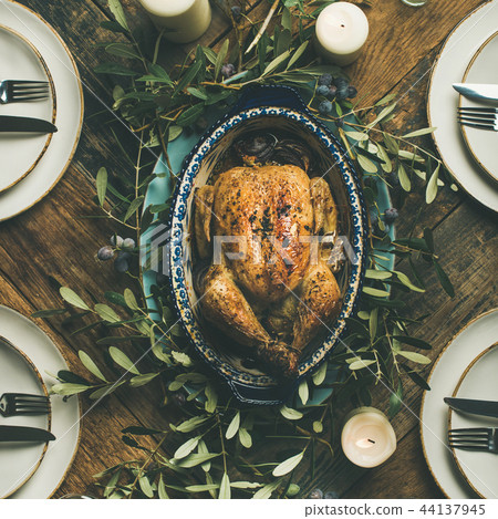Flat Lay Of Whole Roasted Chicken For Stock Photo 44137945 Pixta