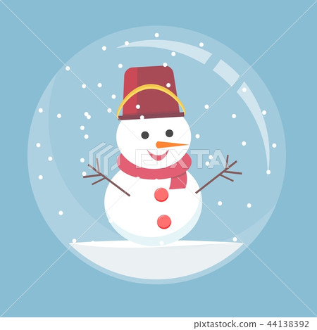Christmas glass ball with a snowman inside. Spherical New Year snow globe in flat style. 44138392