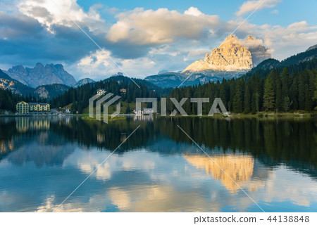 Sunset summer view of Misurina lake National Park Tre Cime di Lavaredo Dolomites 44138848