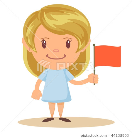 Cute Elementary School Girl Student Holding Red Flag, Cartoon Illustration Cute Elementary School Girl Student Holding Red Flag, Cartoon Illustration 44138903