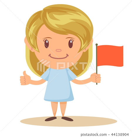 Cute Elementary School Girl Student Holding Red Flag, Cartoon Illustration Cute Elementary School Girl Student Holding Red Flag, Cartoon Illustration 44138904