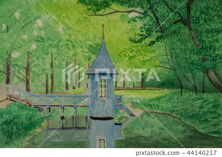 Blue building built on the pond 44140217