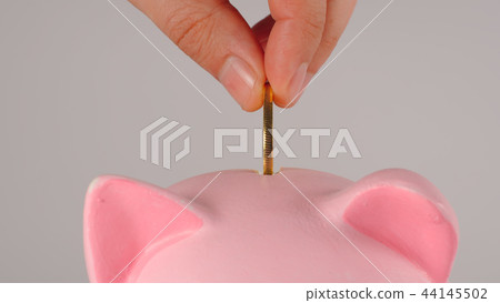 CLOSE UP Male hand throws golden coin into a pink CLOSE UP Male hand throws golden coin into a pink 44145502