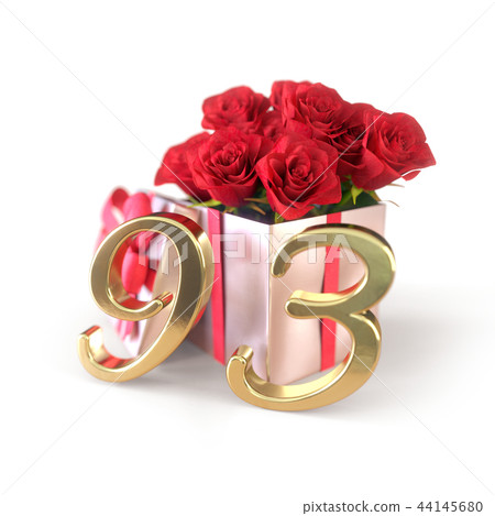 birthday concept with red roses in gift isolated on white background. ninety-third. 93rd. 3D render birthday concept with red roses in gift isolated on white background. ninety-third. 93rd. 3D render 44145680