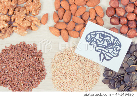 Drawing of brain and healthy food for power 44149480