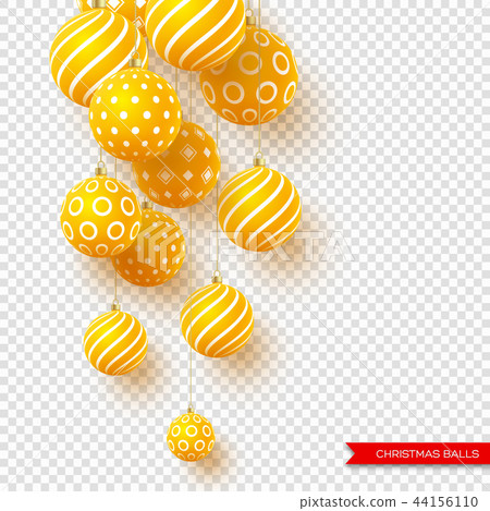3d Christmas yellow balls with geometric pattern. Decorative elements for holiday new year design 44156110