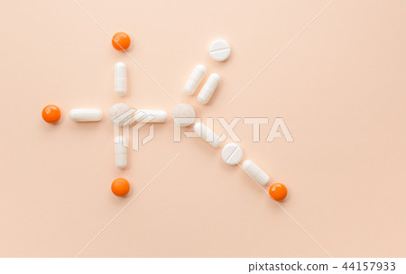 Chemical formula of tablets and pills on a solid 44157933