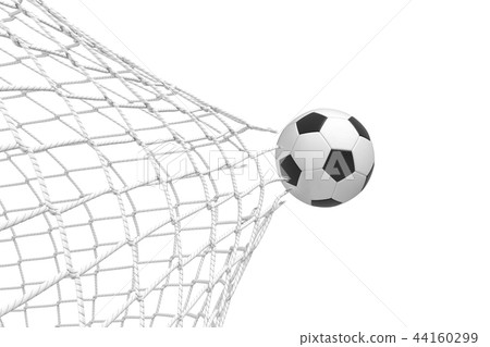 3d rendering of a white and black football ball flying out from a torn net on a white background. 44160299