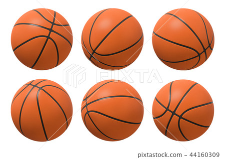 3d rendering of six basketballs shown in different view angles on a white background. 44160309