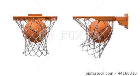 3d rendering of two basketball nets with orange hoops with a ball falling inside. 3d rendering of two basketball nets with orange hoops with a ball falling inside. 44160310