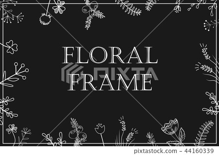 Stylish floral frame, white on black. Card, template for the invitation. 44160339
