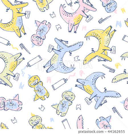 Doodle cute Dinosaurs seamless pattern. Teeth cleaning. Funny kid drawn characters. Vector 44162655