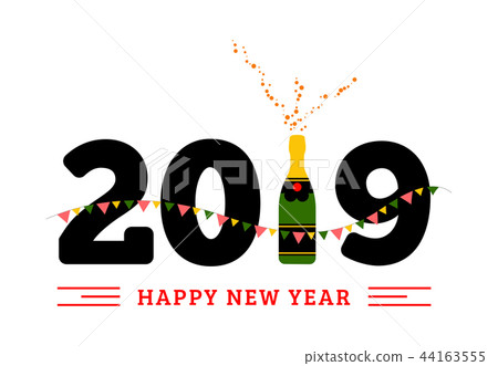 Congratulations to the happy new 2019 year with a bottle of champagne, flags. Vector Congratulations to the happy new 2019 year with a bottle of champagne, flags. Vector 44163555