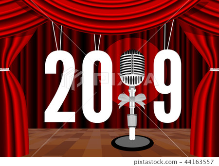 Happy New Year 2019 on the background of the stage with a microphone Happy New Year 2019 on the background of the stage with a microphone 44163557