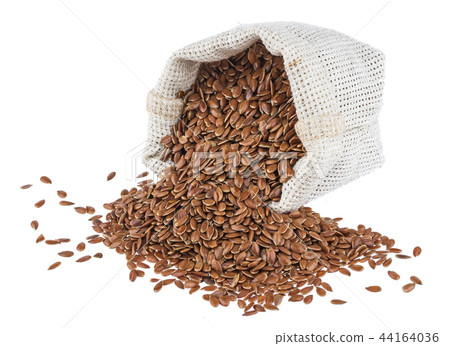 Flax seeds in burlap bag isolated on white background Flax seeds in burlap bag isolated on white background 44164036