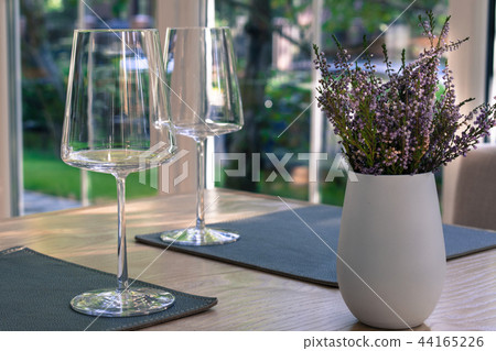 Empty wine glasses on the table in restaurant. 44165226