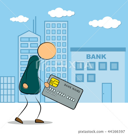 Man going to bank building with credit card 44166397