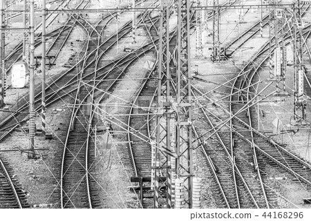 Railroad tangle at large train station. Railway transportation theme Railroad tangle at large train station. Railway transportation theme 44168296