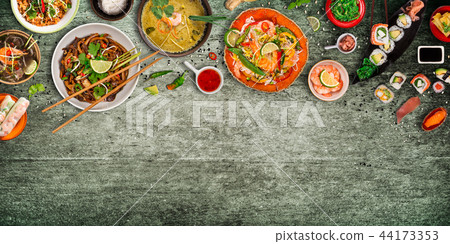 Various of asian meals on rustic background , top view , place for text. Various of asian meals on rustic background , top view , place for text. 44173353