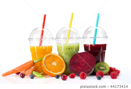 Fresh juice mix fruit, healthy drinks on white background. 44173414
