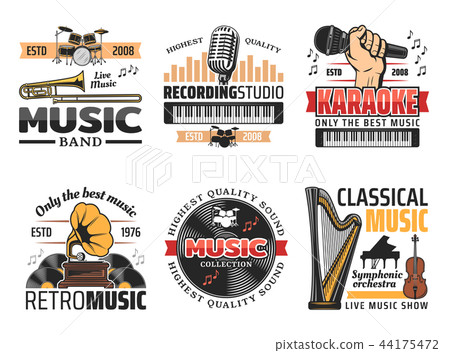 Music record studio and orchestra band retro icons 44175472