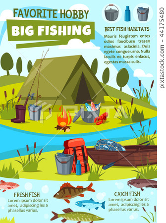 Fishing hobby poster with fisher camp at lake 44175480