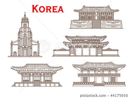Korea architecture facades vector thin line icons 44175650