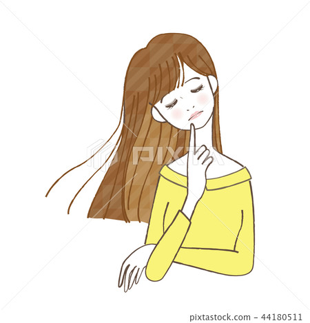 Woman posing with index finger pointing at neck 44180511