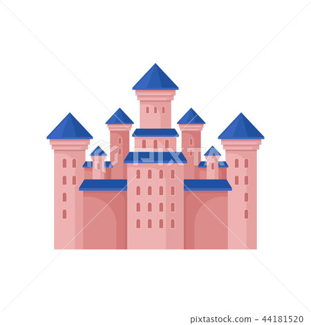 Pink royal castle with high towers and blue roof. Large fairy tale building. Flat vector element for 44181520