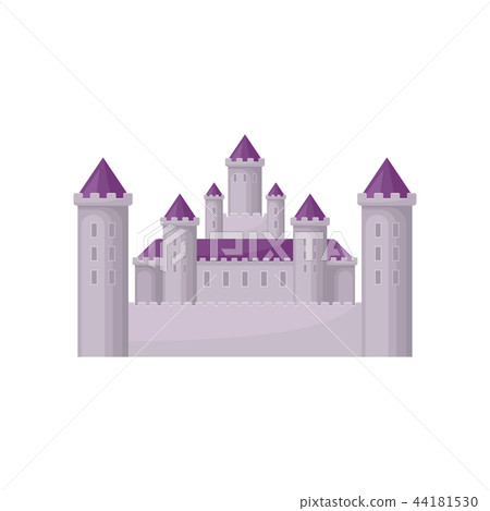 Fairy tale castle with high towers and purple conical roofs. Medieval building. Flat vector for 44181530